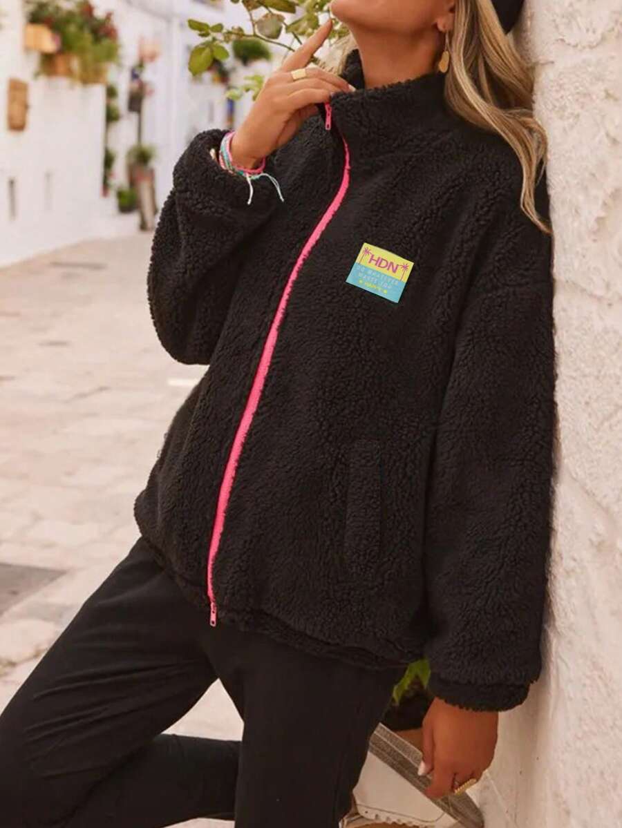 Contrast Color Patchwork Soft Fleece Zipper Hoodie, Casual Wear