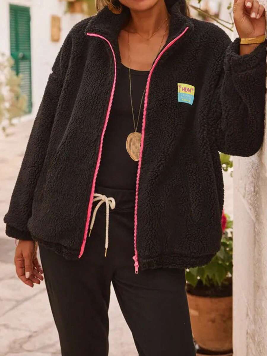Contrast Color Patchwork Soft Fleece Zipper Hoodie, Casual Wear