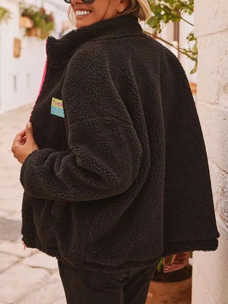 Contrast Color Patchwork Soft Fleece Zipper Hoodie, Casual Wear