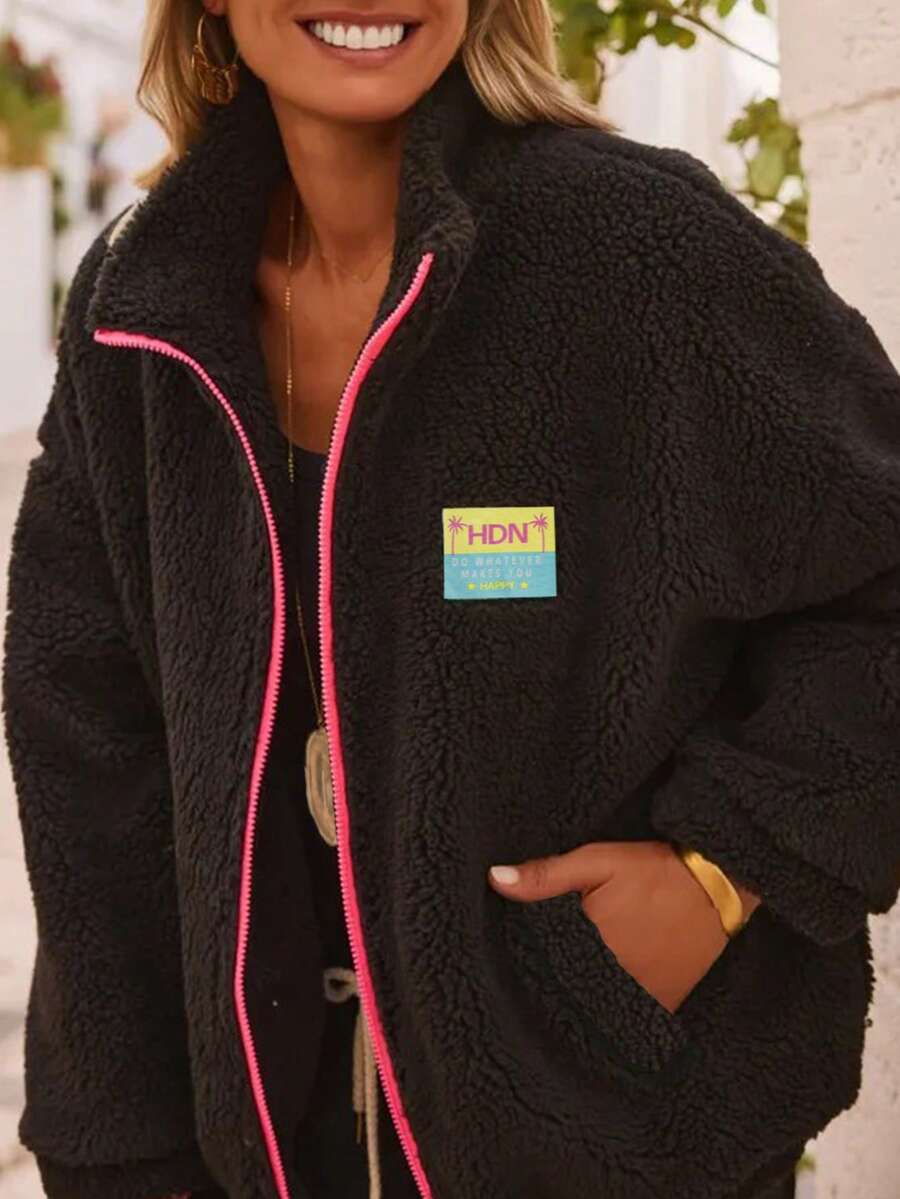 Contrast Color Patchwork Soft Fleece Zipper Hoodie, Casual Wear