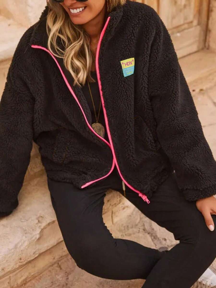 Contrast Color Patchwork Soft Fleece Zipper Hoodie, Casual Wear