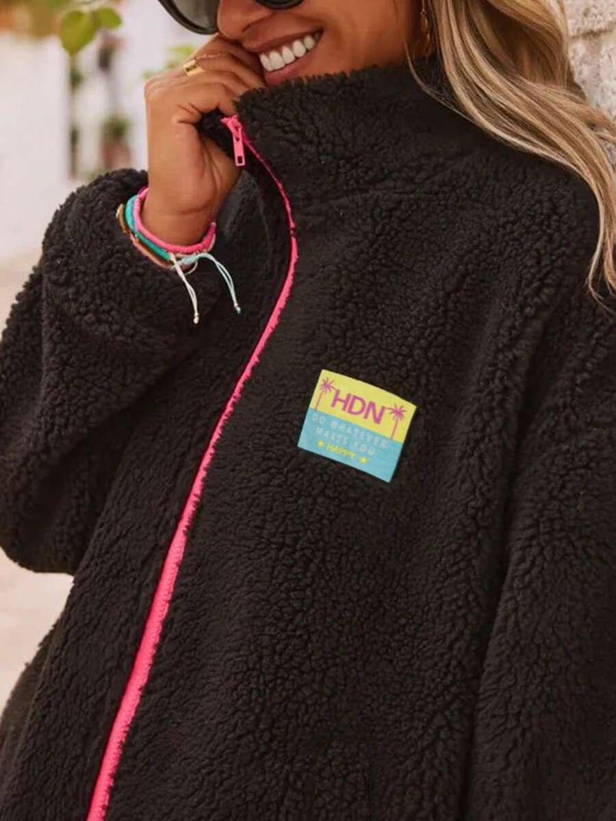 Contrast Color Patchwork Soft Fleece Zipper Hoodie, Casual Wear