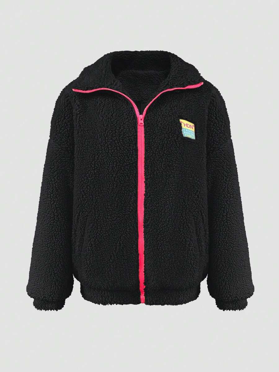 Contrast Color Patchwork Soft Fleece Zipper Hoodie, Casual Wear