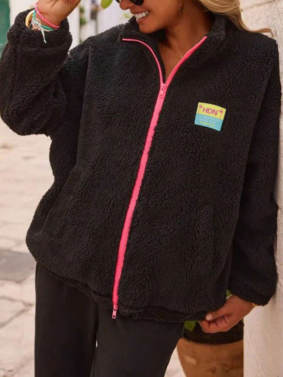 Contrast Color Patchwork Soft Fleece Zipper Hoodie, Casual Wear