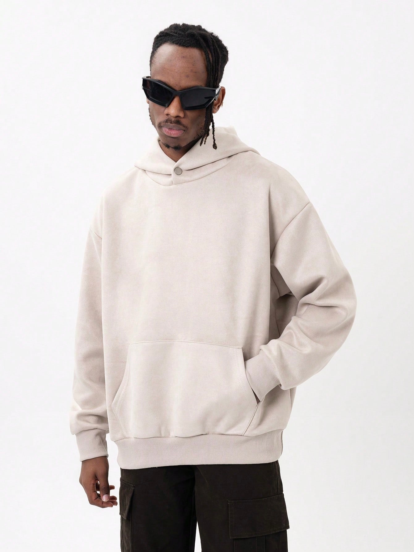 MT99 Suede Series Solid Color Pullover Hoodie, Beige, Button Decor, Unisex Design