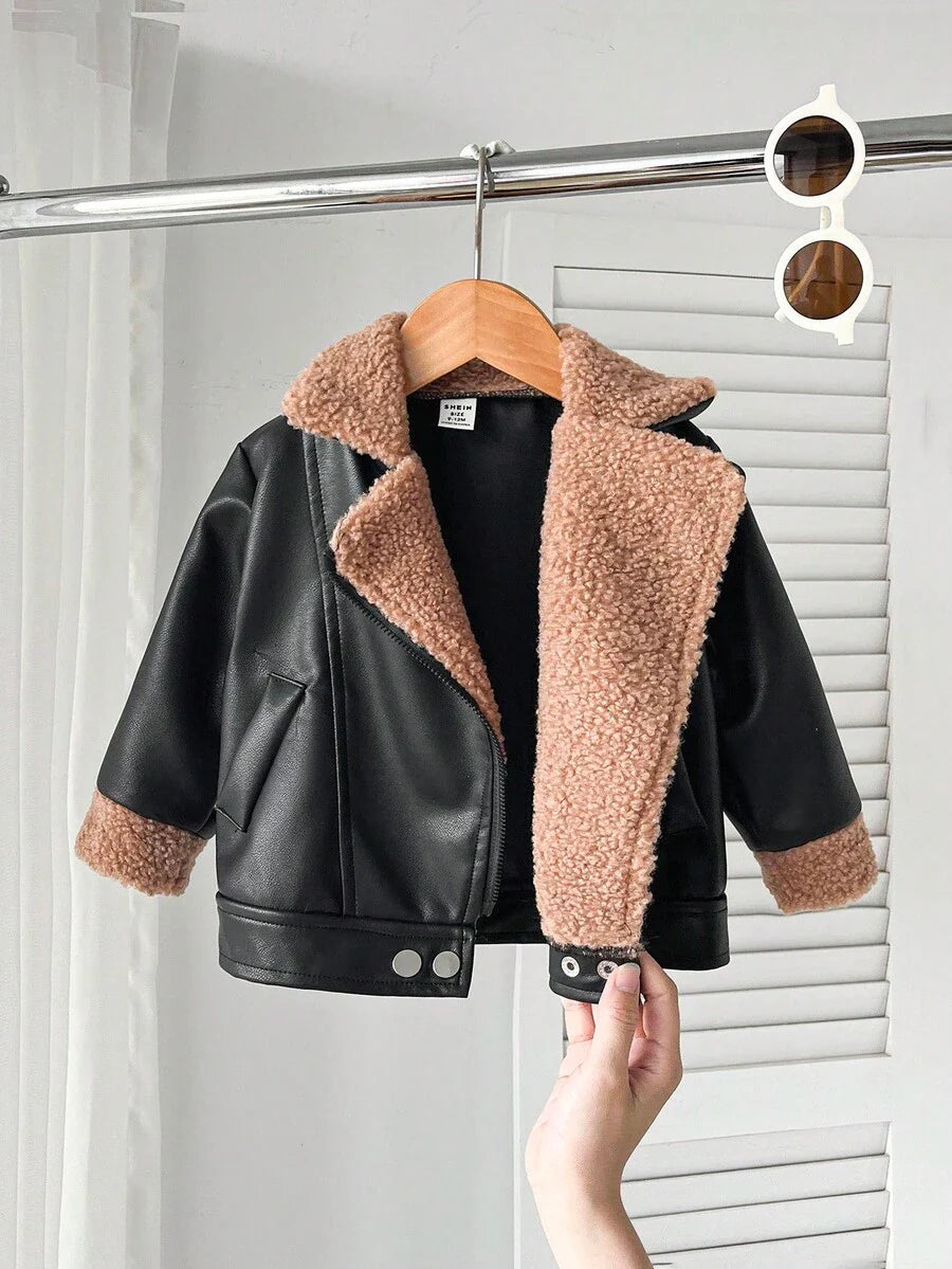 SHEIN Playful Pals Plush Patchwork Baby Boy Faux Leather Jacket, Fashionable Casual Streetwear Baby Boy Jacket