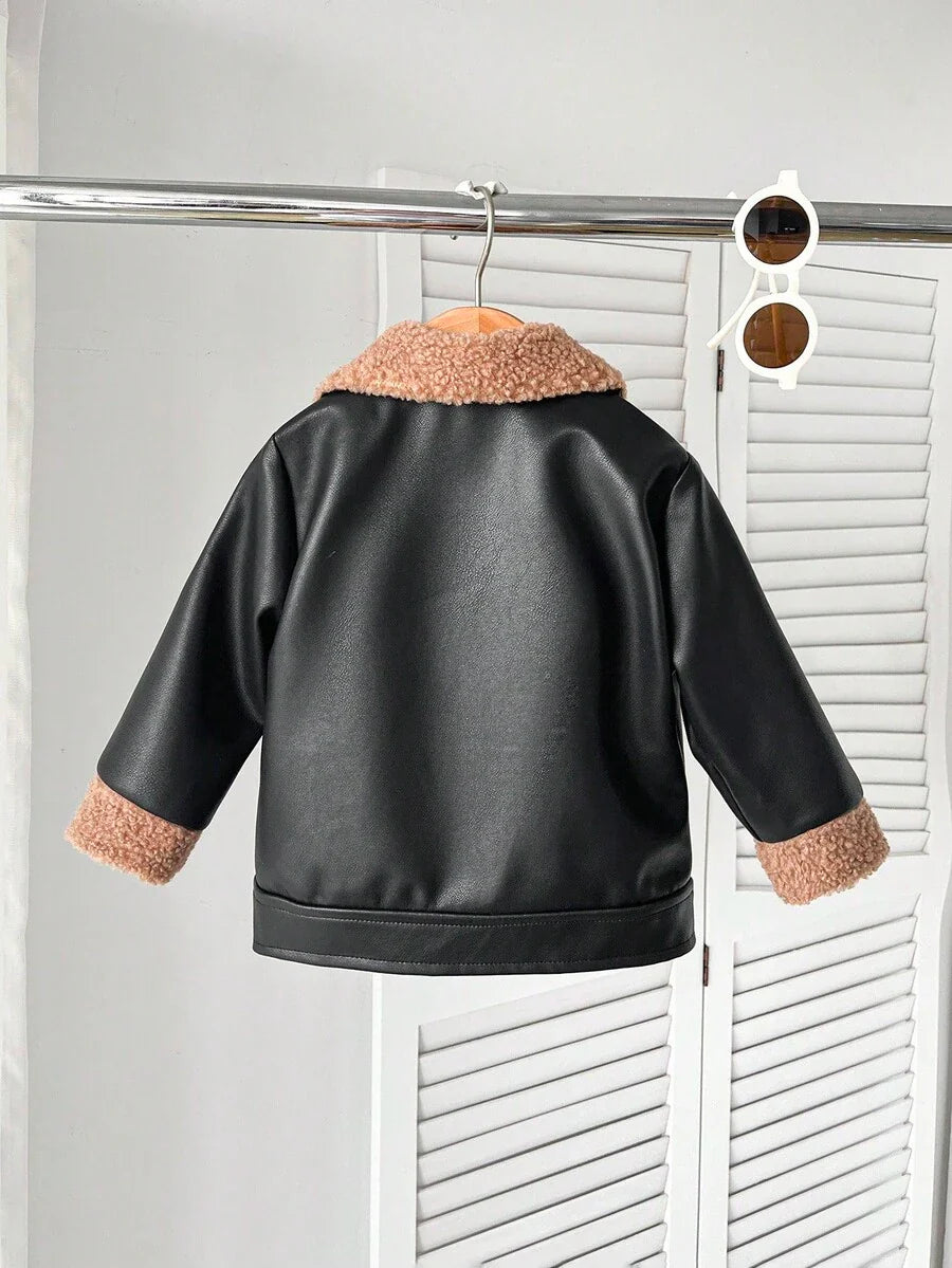 SHEIN Playful Pals Plush Patchwork Baby Boy Faux Leather Jacket, Fashionable Casual Streetwear Baby Boy Jacket
