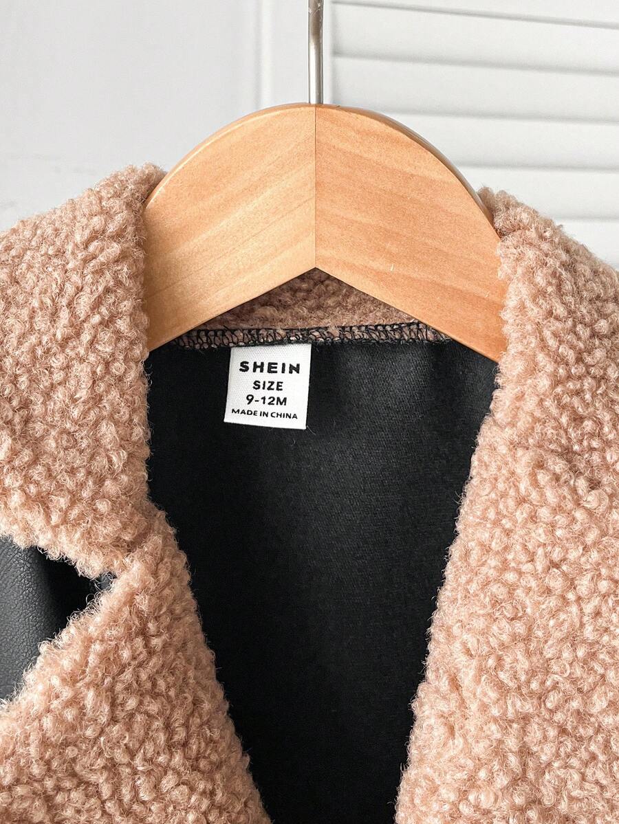 SHEIN Playful Pals Plush Patchwork Baby Boy Faux Leather Jacket, Fashionable Casual Streetwear Baby Boy Jacket