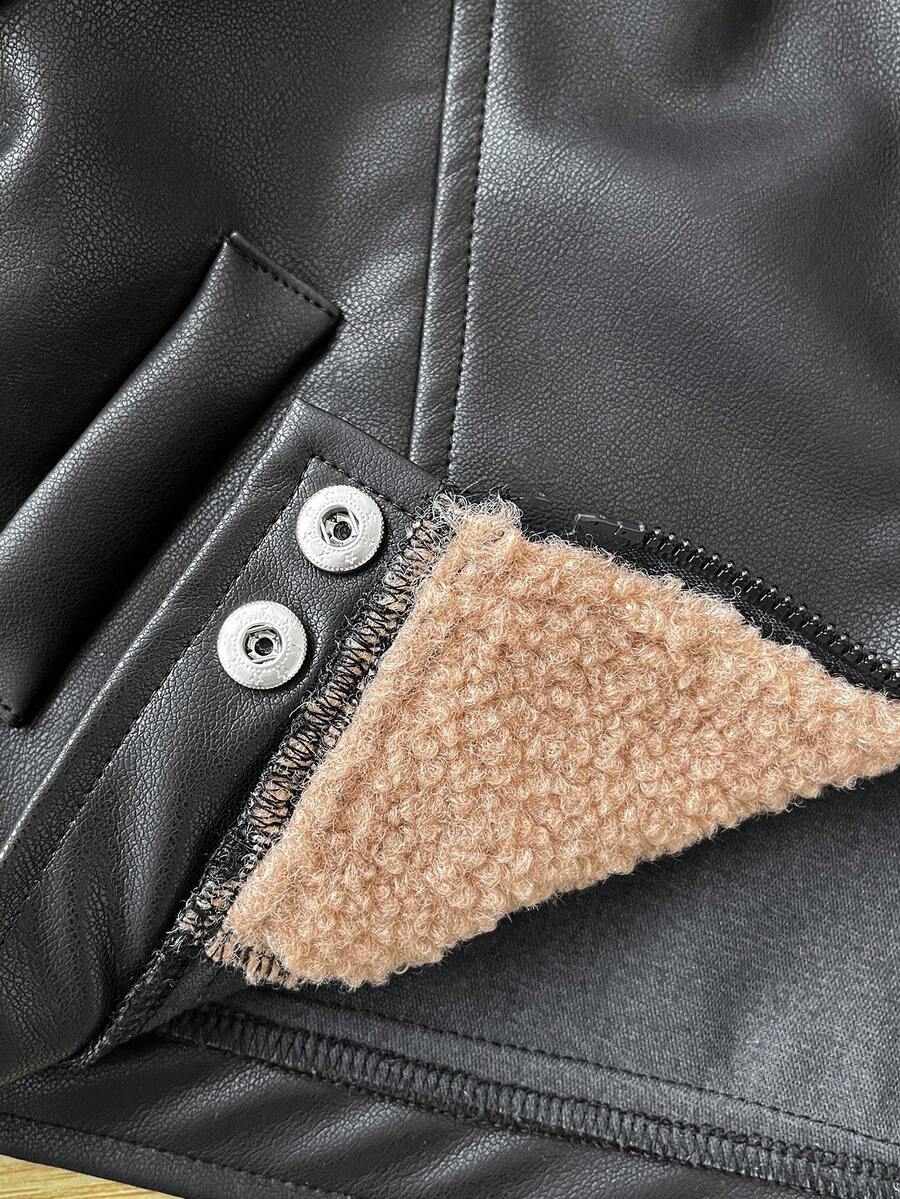 SHEIN Playful Pals Plush Patchwork Baby Boy Faux Leather Jacket, Fashionable Casual Streetwear Baby Boy Jacket