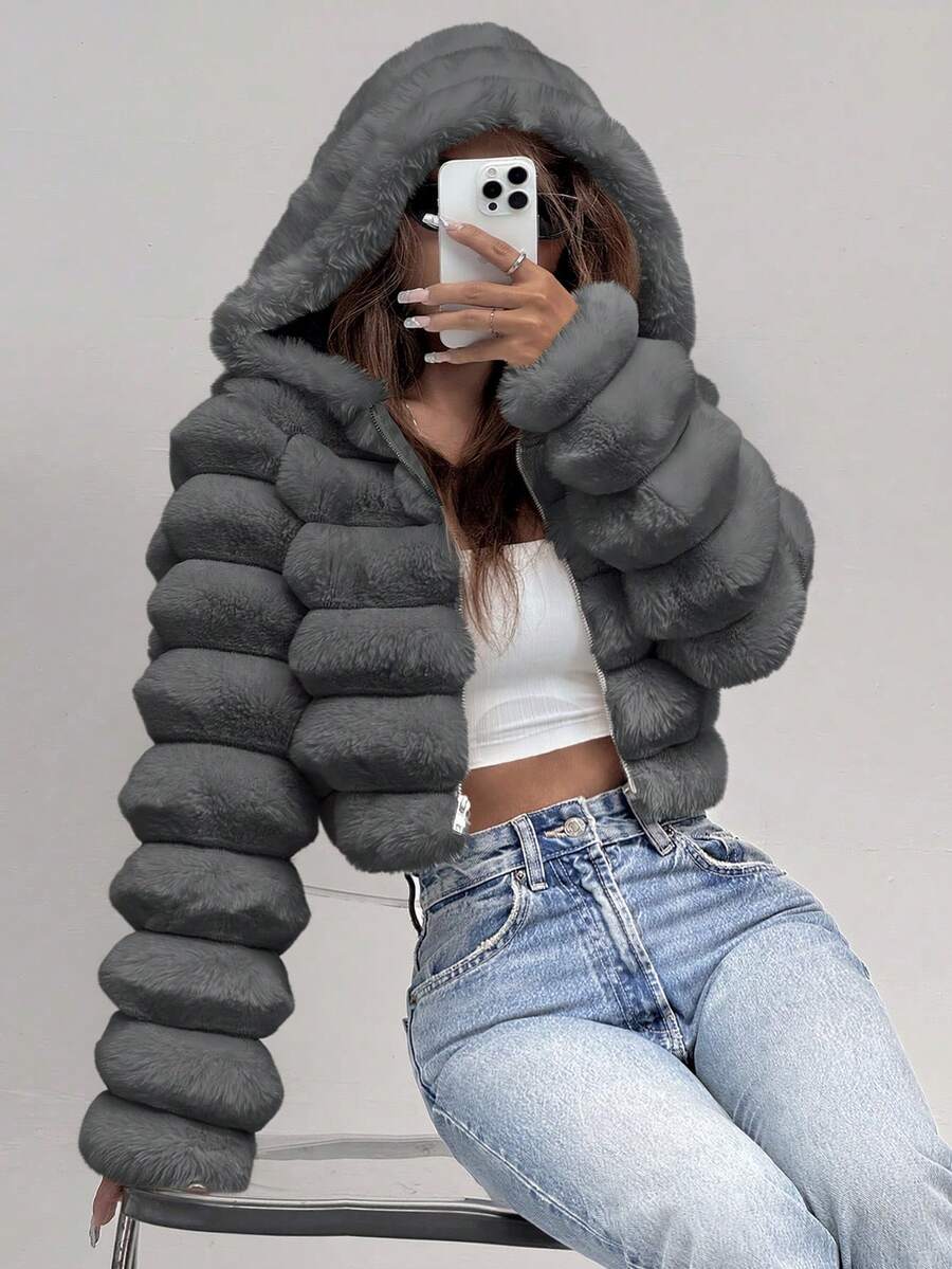Comfortcana Women's Fashion Street Zip-Up Hooded Faux Fur Jacket, Winter Brown Zip Up Winter Winter Clothes Jacket Halloween Christmas,Winter Clothes For Women