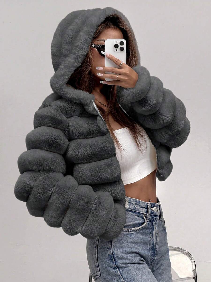 Comfortcana Women's Fashion Street Zip-Up Hooded Faux Fur Jacket, Winter Brown Zip Up Winter Winter Clothes Jacket Halloween Christmas,Winter Clothes For Women