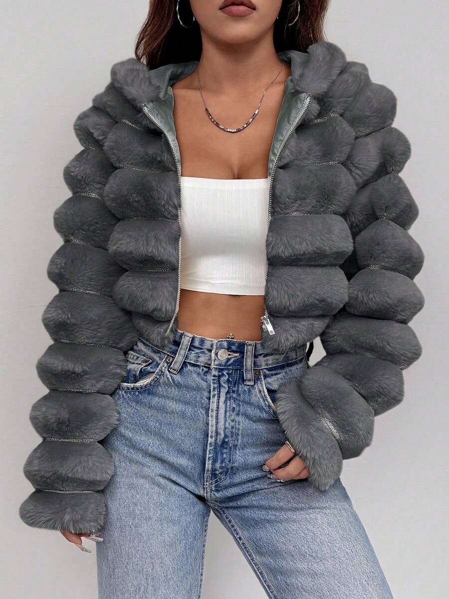 Comfortcana Women's Fashion Street Zip-Up Hooded Faux Fur Jacket, Winter Brown Zip Up Winter Winter Clothes Jacket Halloween Christmas,Winter Clothes For Women