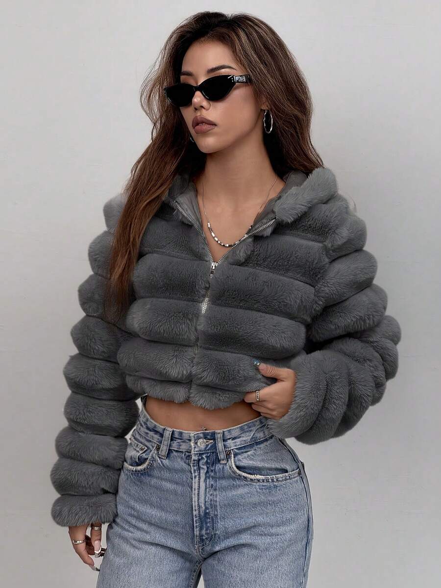 Comfortcana Women's Fashion Street Zip-Up Hooded Faux Fur Jacket, Winter Brown Zip Up Winter Winter Clothes Jacket Halloween Christmas,Winter Clothes For Women
