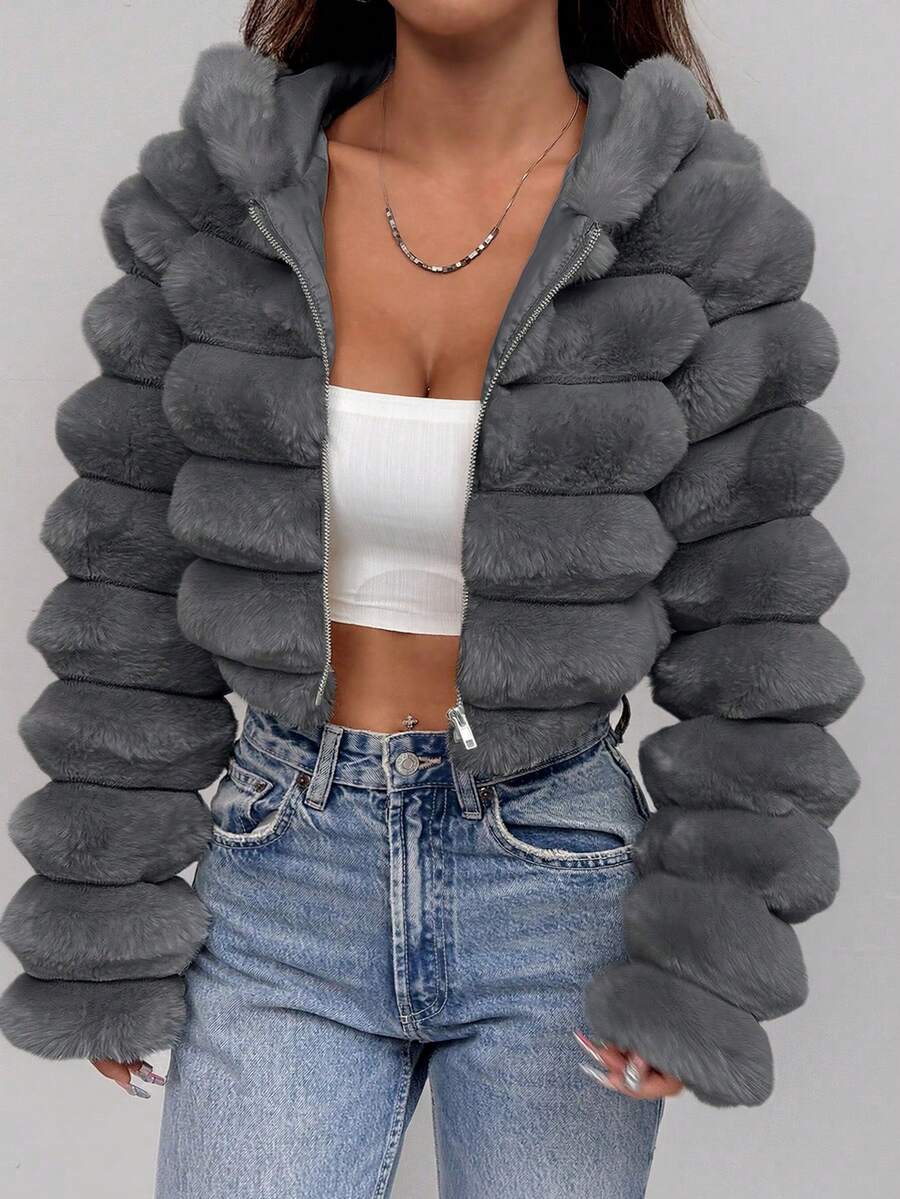Comfortcana Women's Fashion Street Zip-Up Hooded Faux Fur Jacket, Winter Brown Zip Up Winter Winter Clothes Jacket Halloween Christmas,Winter Clothes For Women