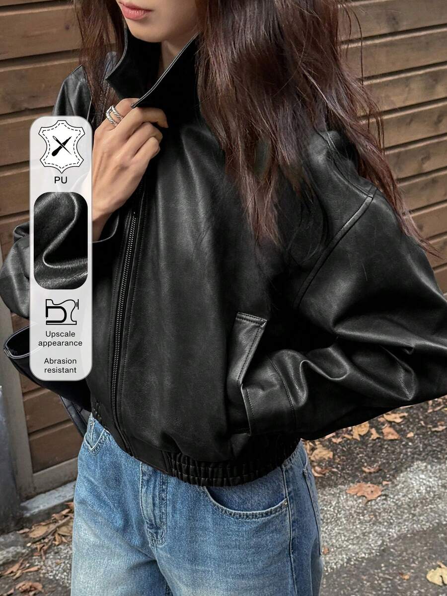 DAZY Spring New Distressed Leather Jacket, Short Style Lady Casual Outerwear, Fall Clothes