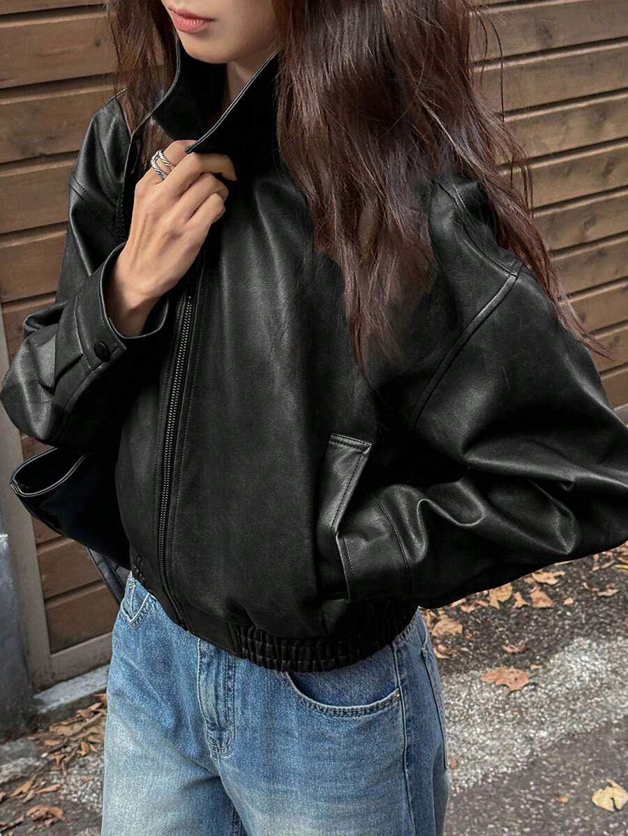 DAZY Spring New Distressed Leather Jacket, Short Style Lady Casual Outerwear, Fall Clothes