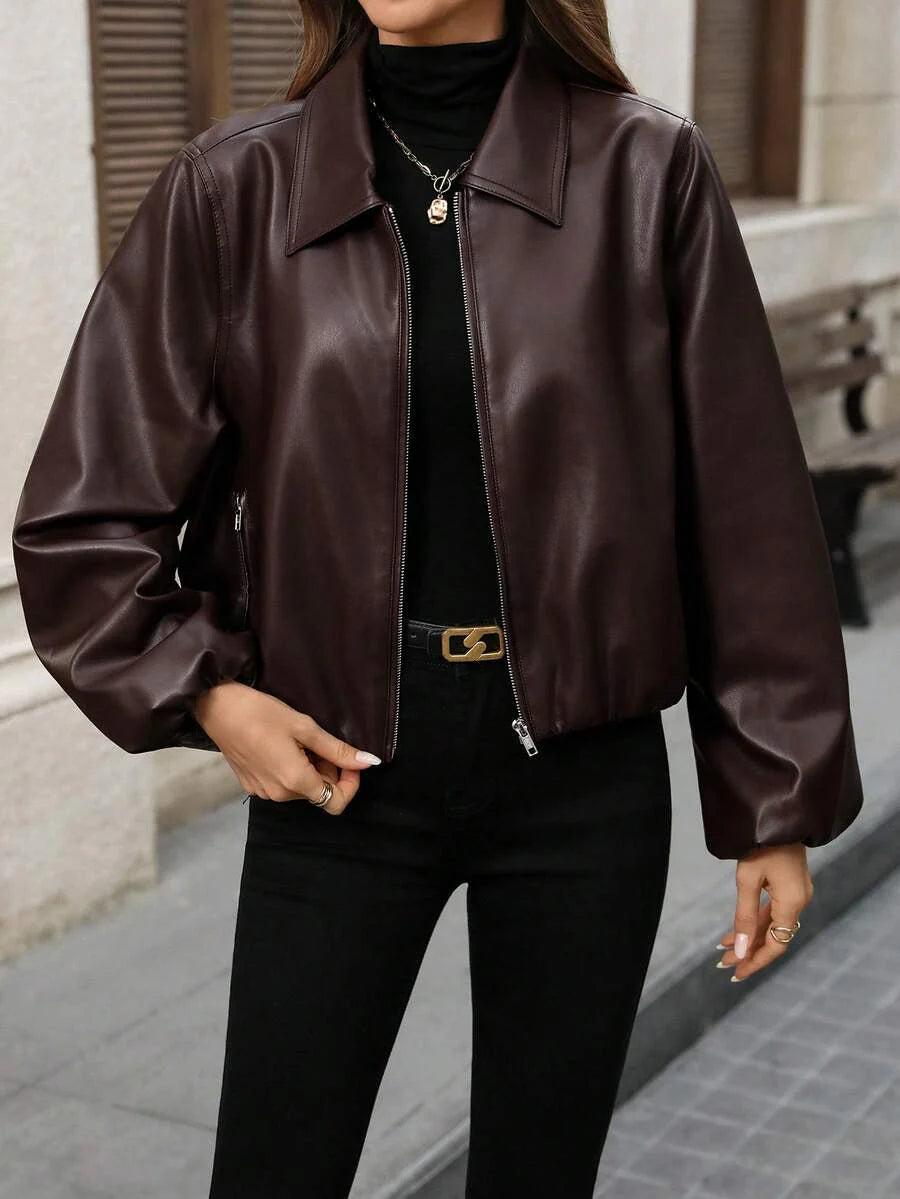 EMERY ROSE Women's Solid Color Lantern Sleeve Zipper Front PU Leather Jacket, Autumn