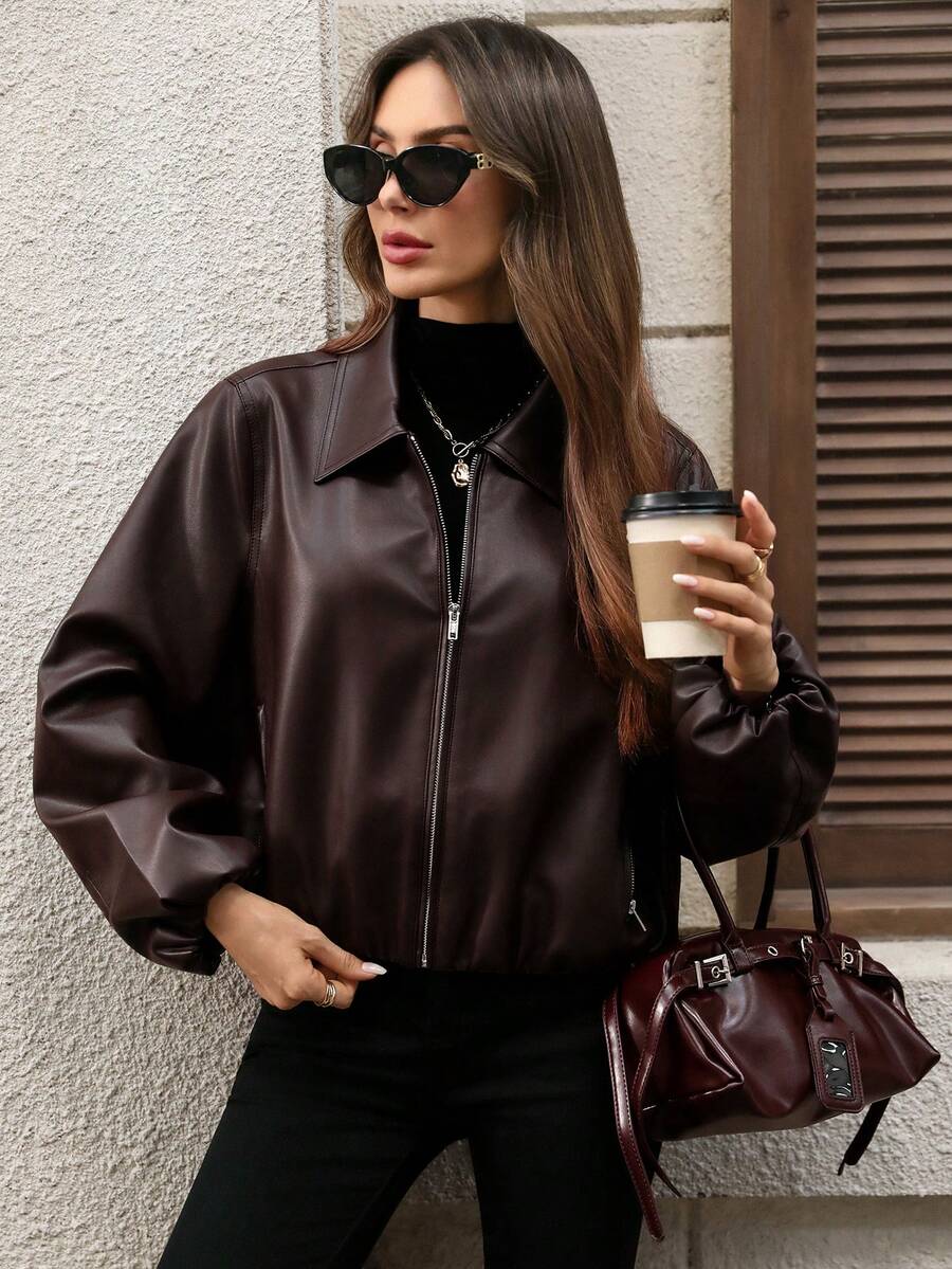 EMERY ROSE Women's Solid Color Lantern Sleeve Zipper Front PU Leather Jacket, Autumn