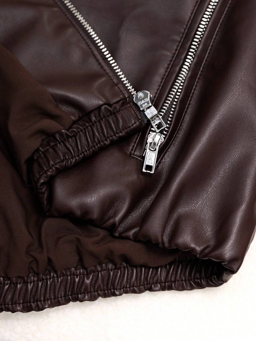 EMERY ROSE Women's Solid Color Lantern Sleeve Zipper Front PU Leather Jacket, Autumn