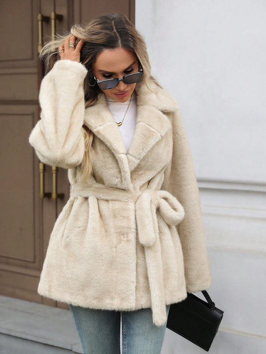 EMERY ROSE Women's Solid Color Lapel NeckLong Sleeve Belted Faux Fur Fashion Jacket, Autumn/Winter