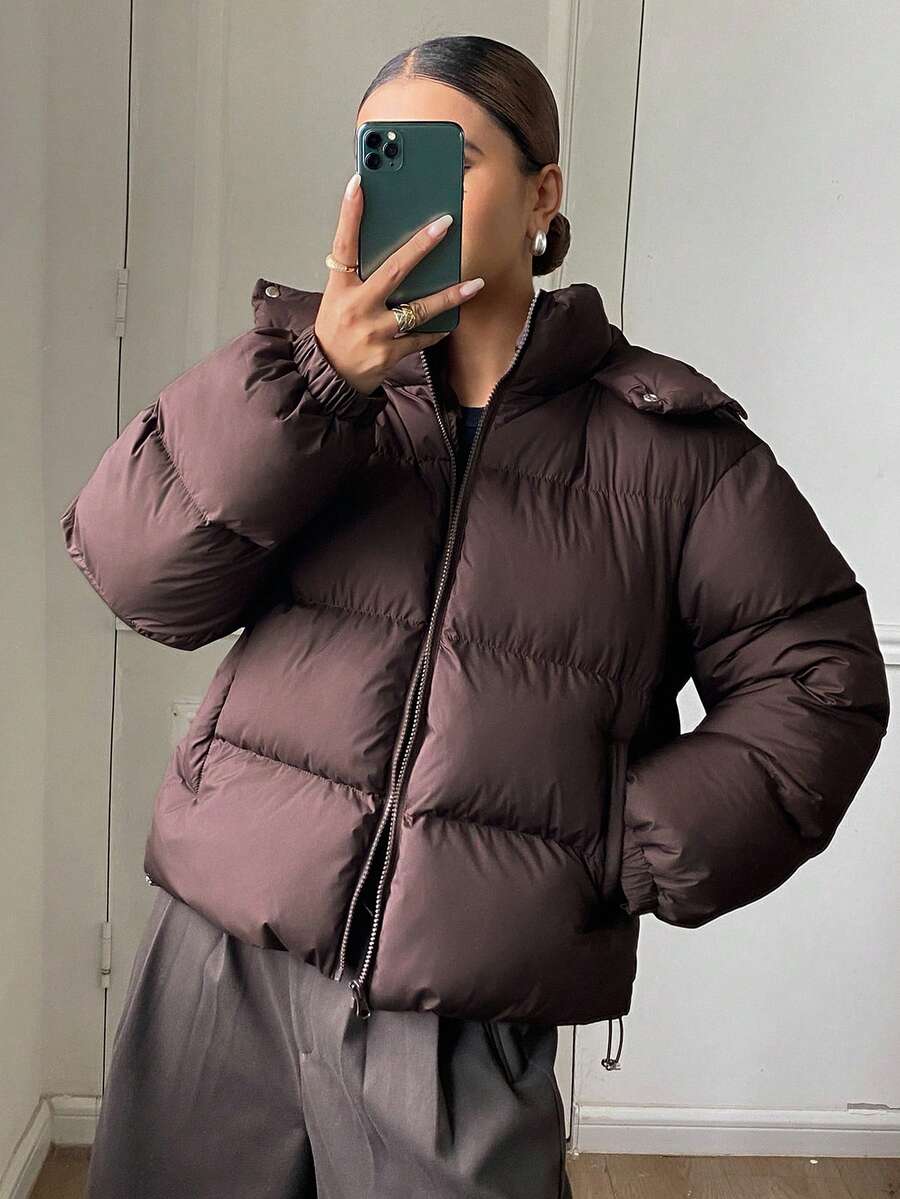 DAZY Women's Solid Color Long Sleeve Zipper Front Casual Hooded Winter Jacket