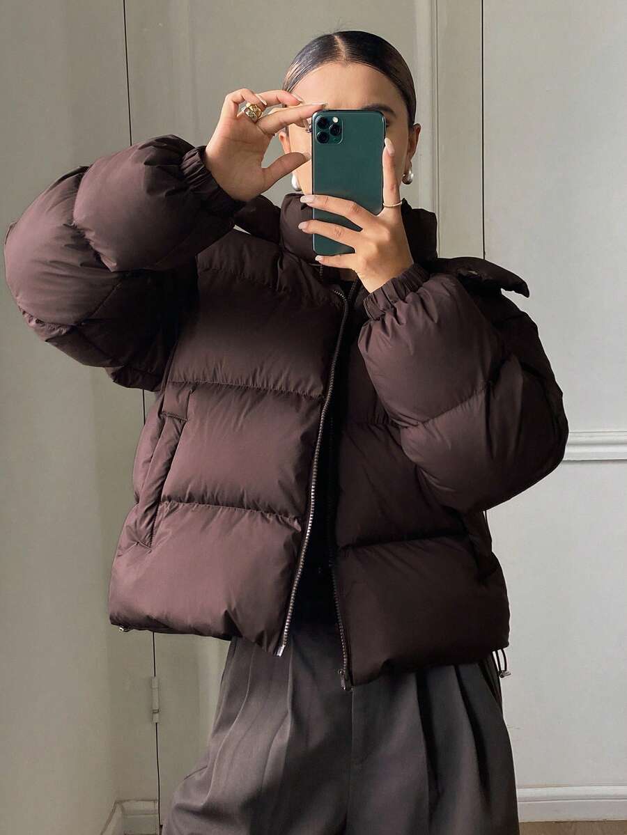 DAZY Women's Solid Color Long Sleeve Zipper Front Casual Hooded Winter Jacket