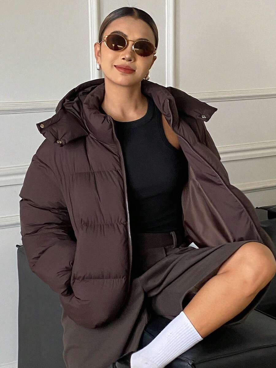 DAZY Women's Solid Color Long Sleeve Zipper Front Casual Hooded Winter Jacket