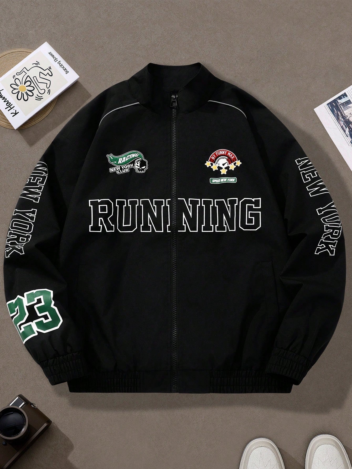 Men's Casual Letter Printed Long Sleeve Jacket,Stand Collar Rave Jacket, Spring & Fall Going Out Street Wear Racing Jacket Black Biker Jacket, For Friends, Husband, Boyfriend Gifts, Spring Autumn