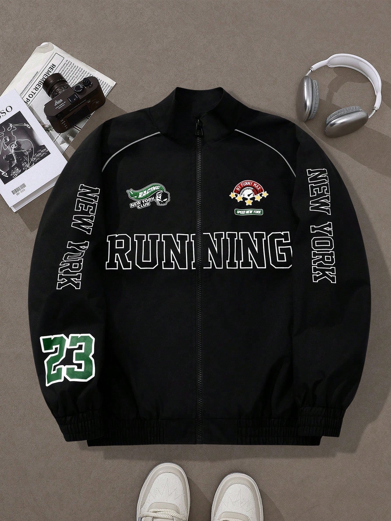 Men's Casual Letter Printed Long Sleeve Jacket,Stand Collar Rave Jacket, Spring & Fall Going Out Street Wear Racing Jacket Black Biker Jacket, For Friends, Husband, Boyfriend Gifts, Spring Autumn