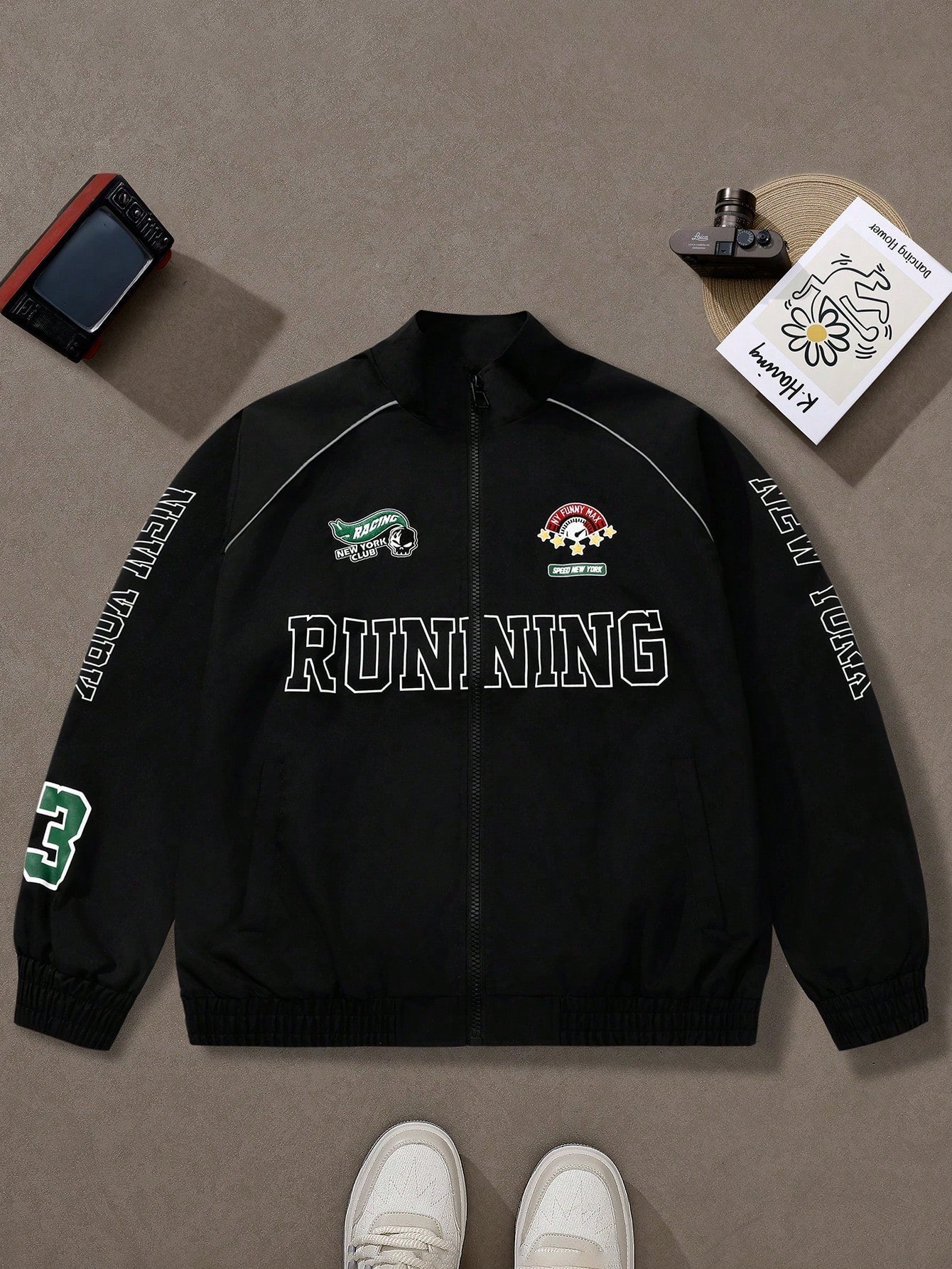 Men's Casual Letter Printed Long Sleeve Jacket,Stand Collar Rave Jacket, Spring & Fall Going Out Street Wear Racing Jacket Black Biker Jacket, For Friends, Husband, Boyfriend Gifts, Spring Autumn