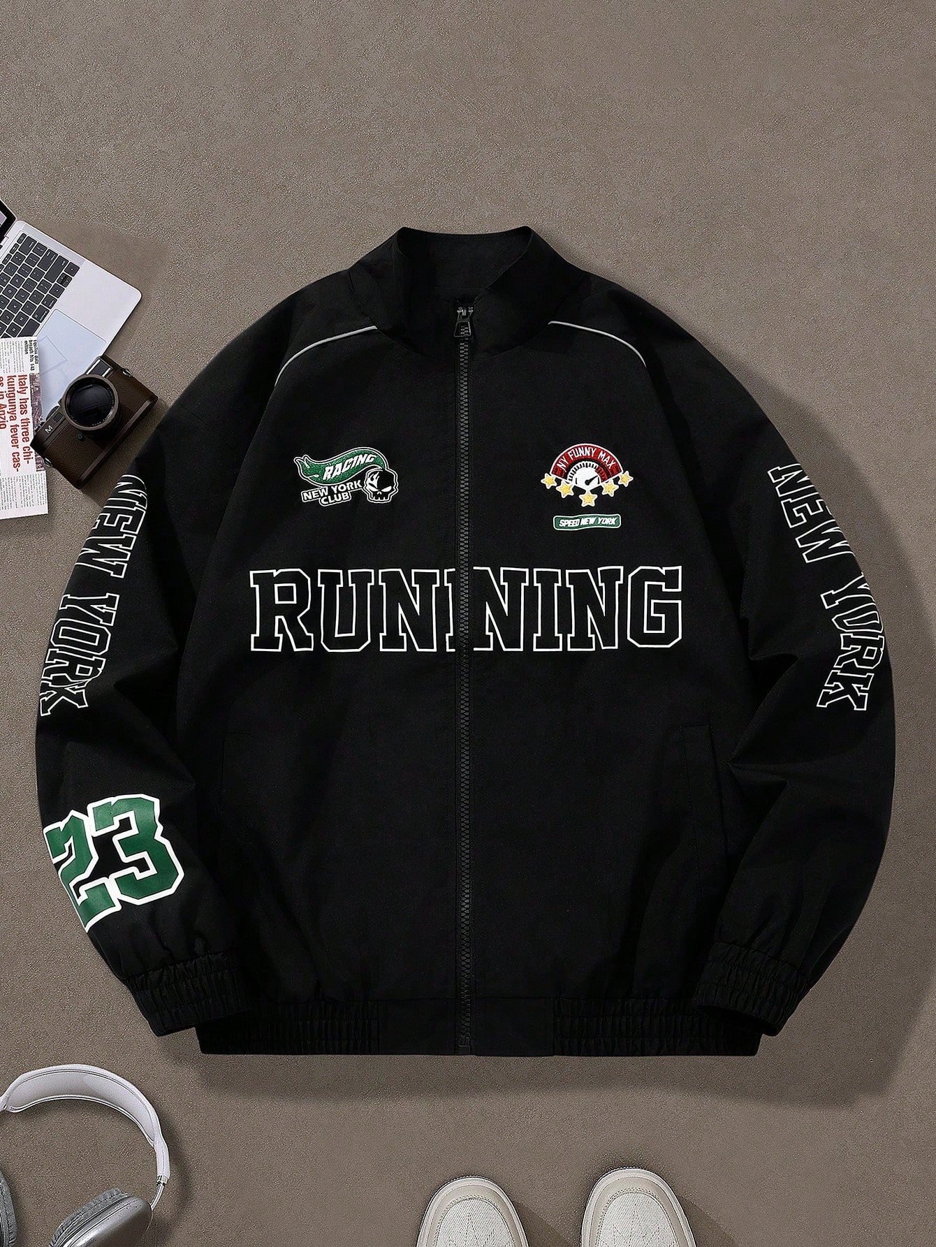 Men's Casual Letter Printed Long Sleeve Jacket,Stand Collar Rave Jacket, Spring & Fall Going Out Street Wear Racing Jacket Black Biker Jacket, For Friends, Husband, Boyfriend Gifts, Spring Autumn