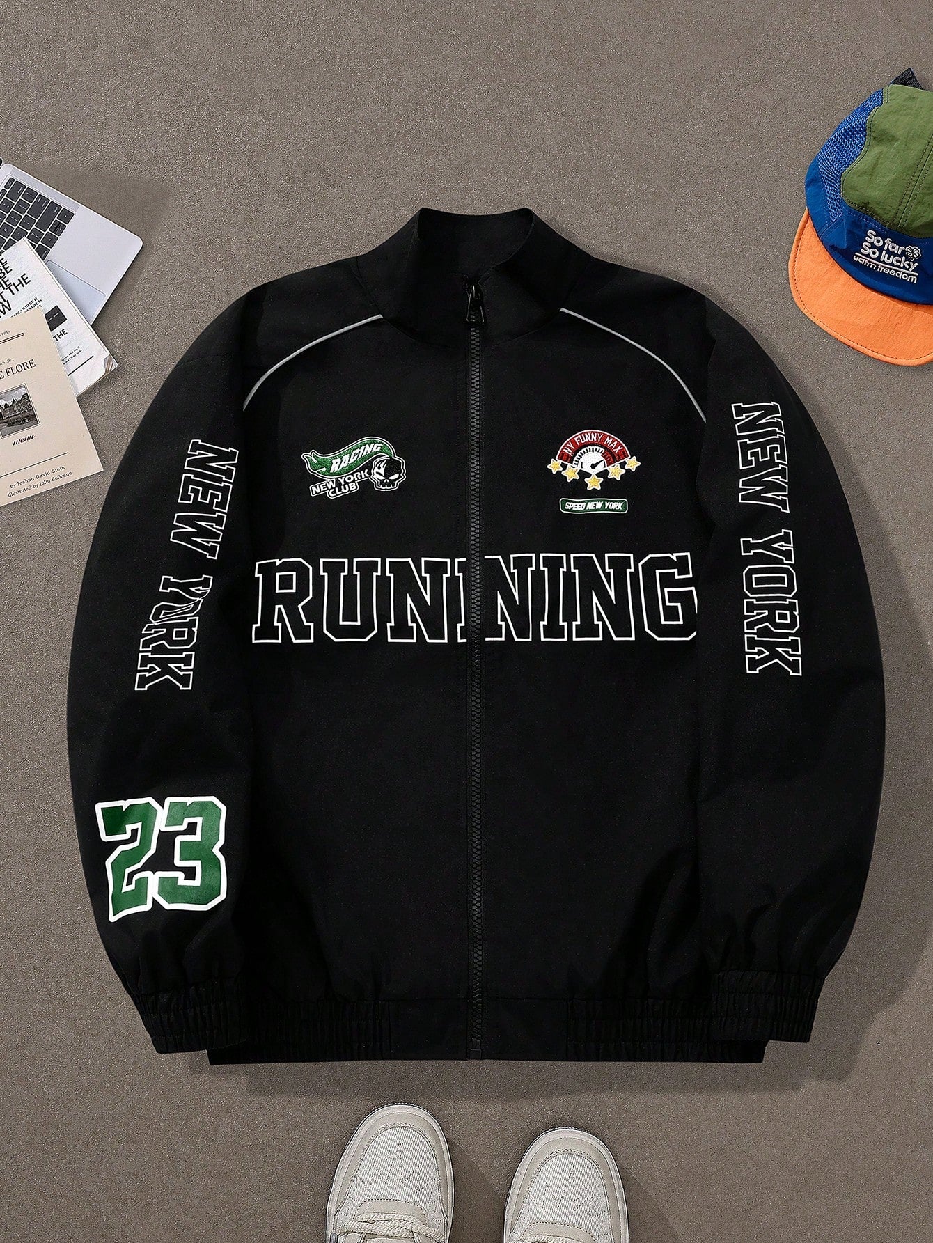 Men's Casual Letter Printed Long Sleeve Jacket,Stand Collar Rave Jacket, Spring & Fall Going Out Street Wear Racing Jacket Black Biker Jacket, For Friends, Husband, Boyfriend Gifts, Spring Autumn