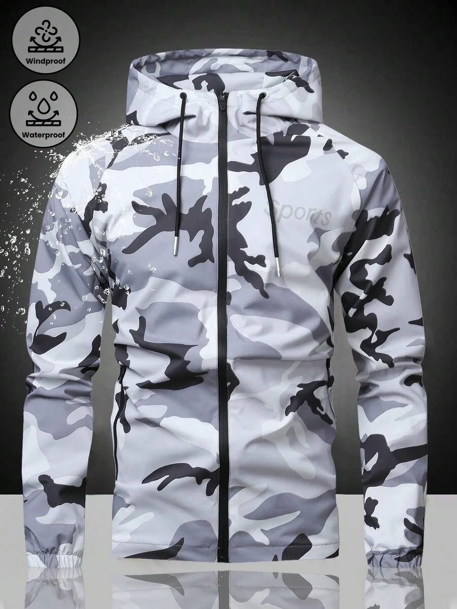 Men's Casual Water-Resistant Windproof Jacket With Letter Print, Versatile Camo Style For Outdoor Activities, Fashion Casual Wear For All Seasons, Fall