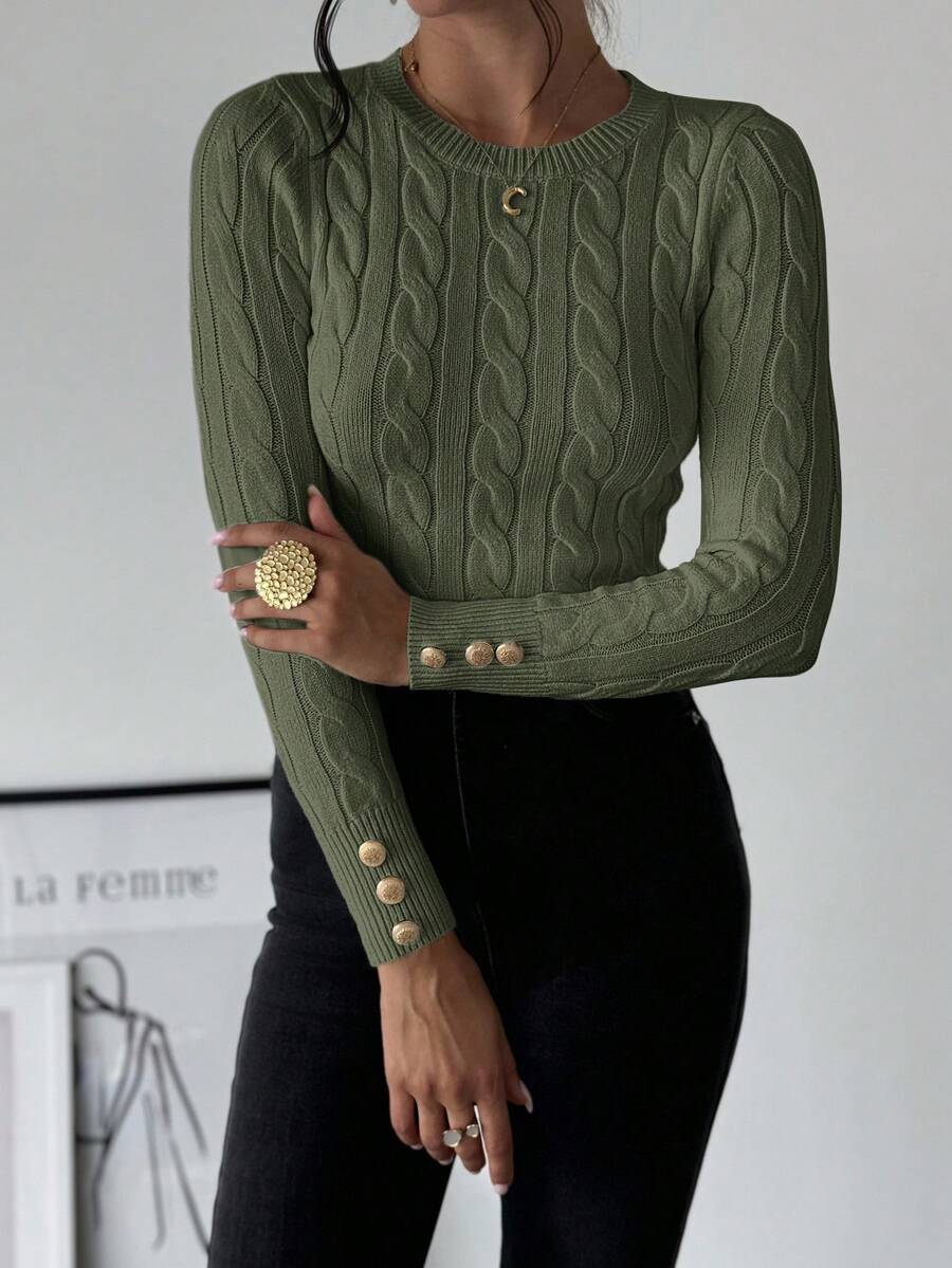 Firerie Women's Elegant Casual College Style Versatile White Crew Neck Cable Knit Button Decor Fitted Sweater