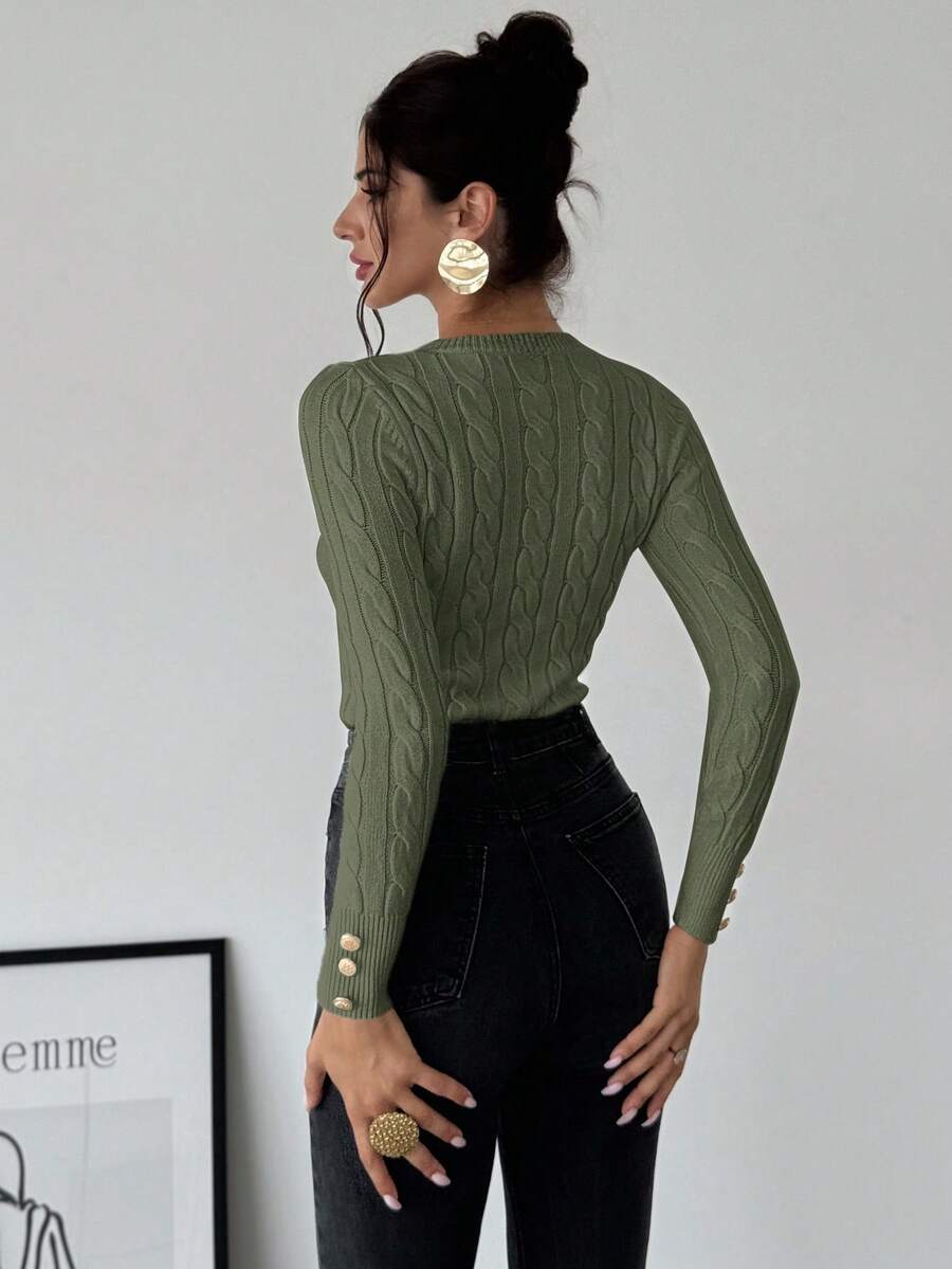 Firerie Women's Elegant Casual College Style Versatile White Crew Neck Cable Knit Button Decor Fitted Sweater