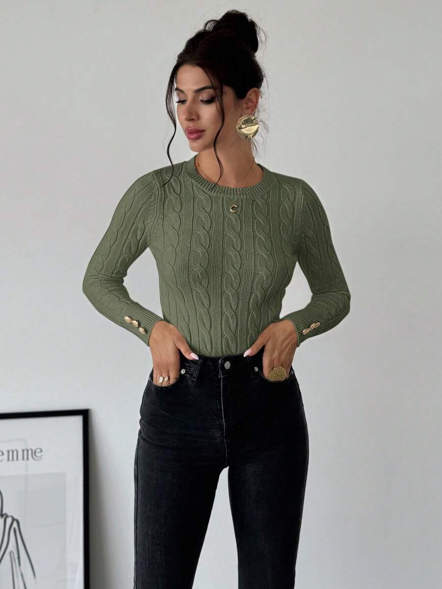 Firerie Women's Elegant Casual College Style Versatile White Crew Neck Cable Knit Button Decor Fitted Sweater