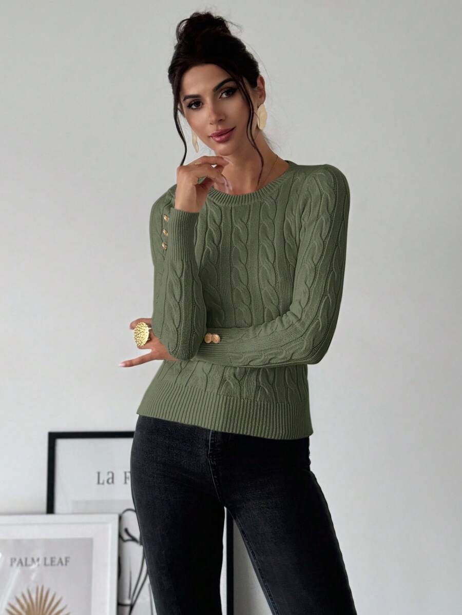 Firerie Women's Elegant Casual College Style Versatile White Crew Neck Cable Knit Button Decor Fitted Sweater
