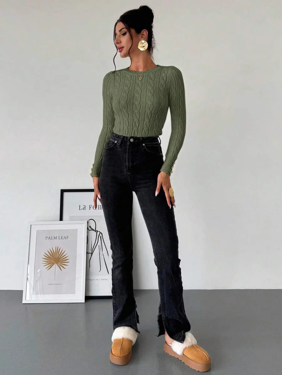 Firerie Women's Elegant Casual College Style Versatile White Crew Neck Cable Knit Button Decor Fitted Sweater