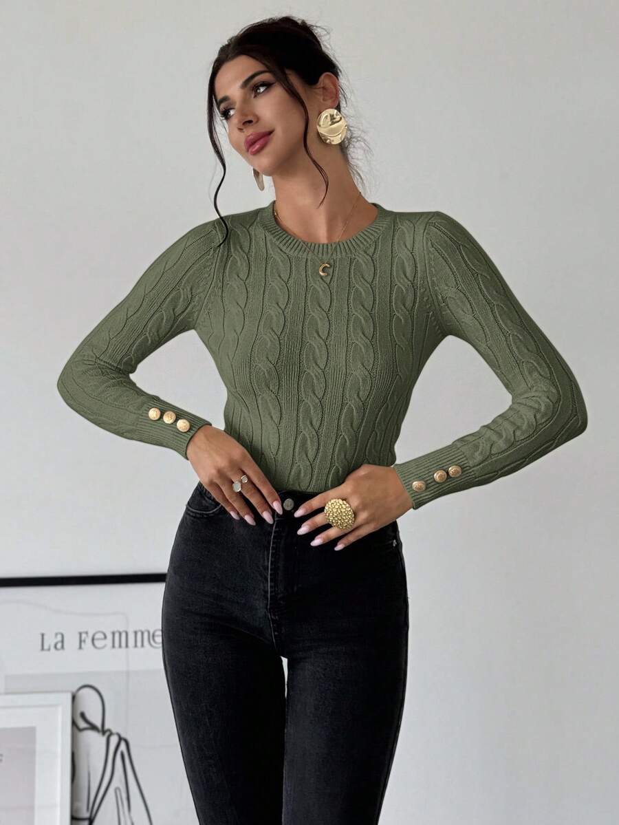 Firerie Women's Elegant Casual College Style Versatile White Crew Neck Cable Knit Button Decor Fitted Sweater