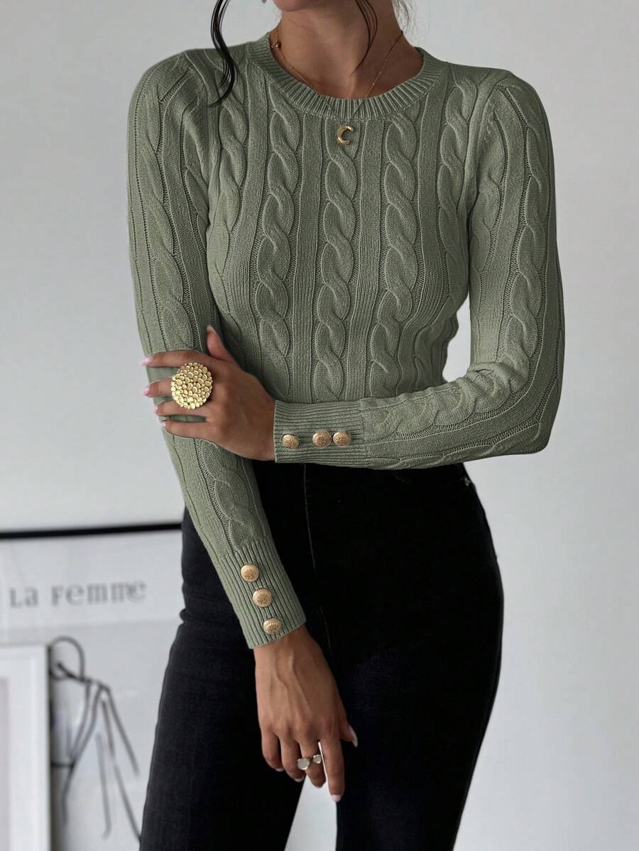 Firerie Women's Elegant Casual College Style Versatile White Crew Neck Cable Knit Button Decor Fitted Sweater