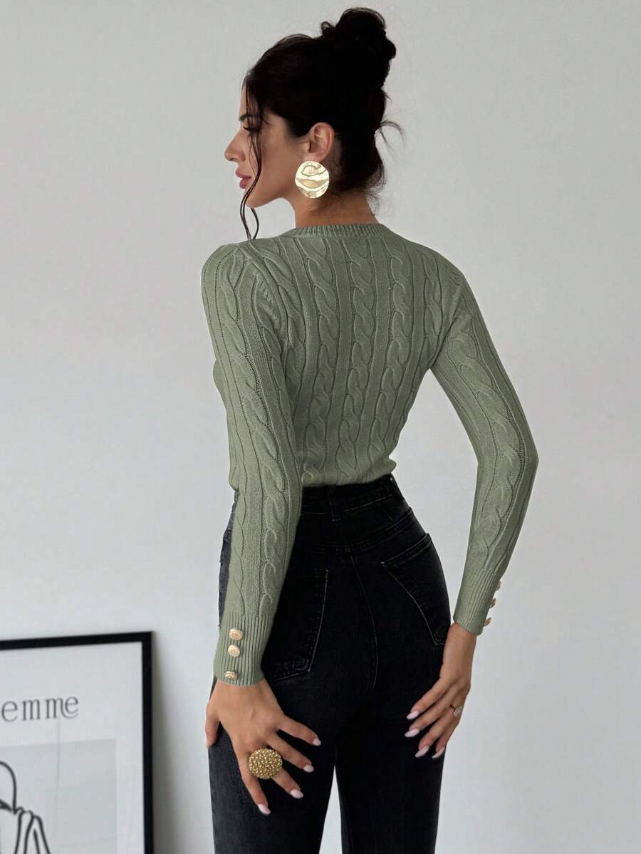 Firerie Women's Elegant Casual College Style Versatile White Crew Neck Cable Knit Button Decor Fitted Sweater
