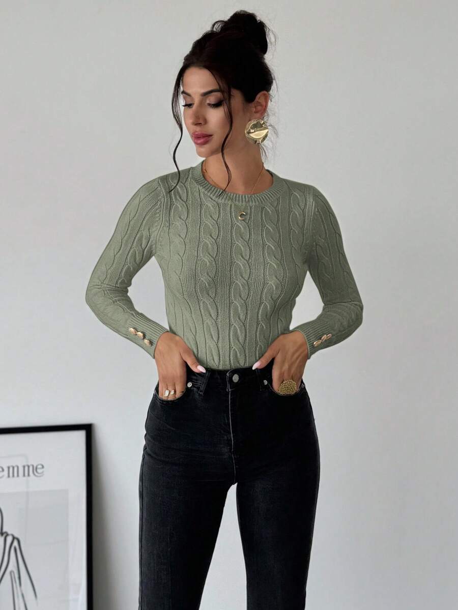 Firerie Women's Elegant Casual College Style Versatile White Crew Neck Cable Knit Button Decor Fitted Sweater
