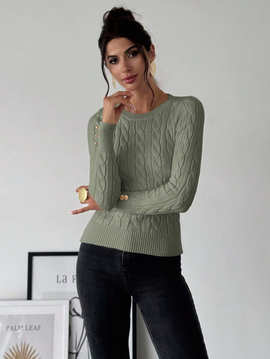 Firerie Women's Elegant Casual College Style Versatile White Crew Neck Cable Knit Button Decor Fitted Sweater