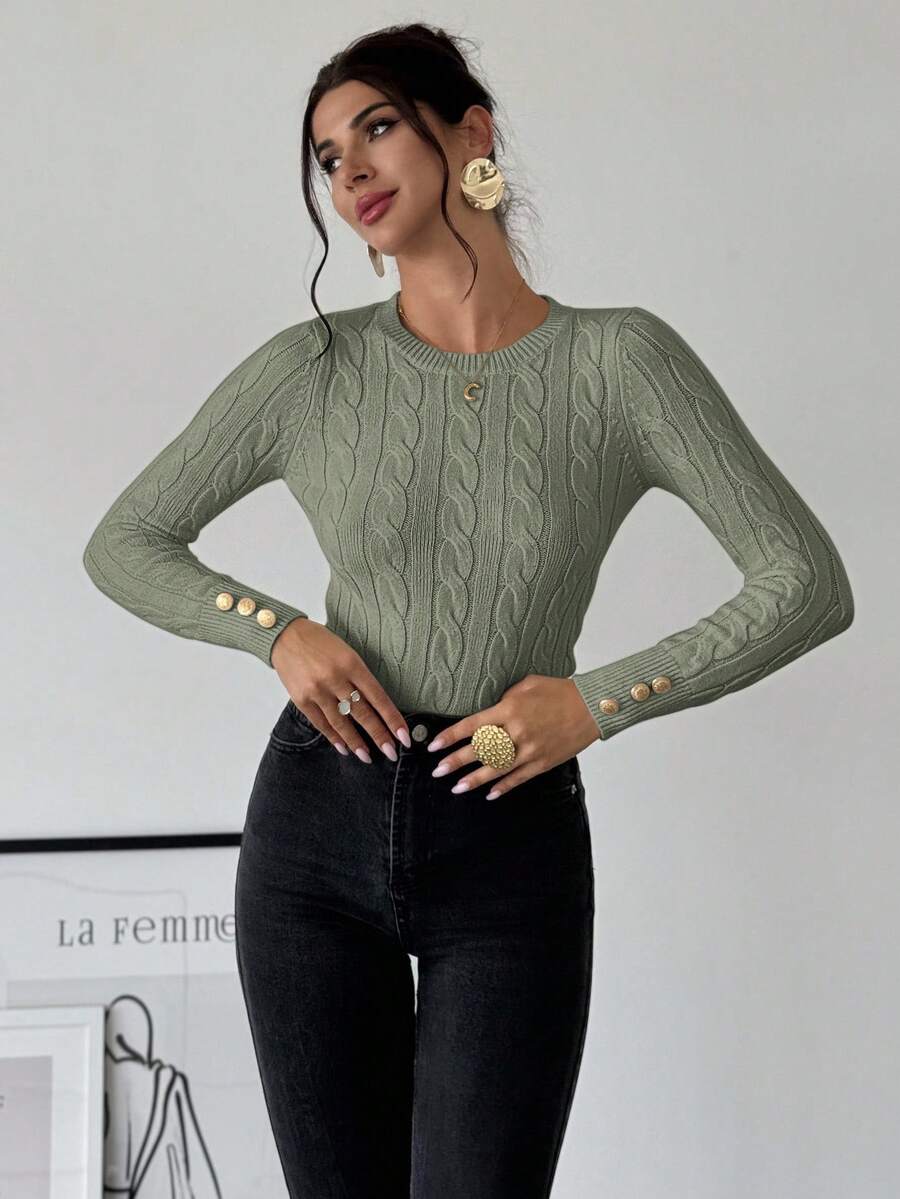 Firerie Women's Elegant Casual College Style Versatile White Crew Neck Cable Knit Button Decor Fitted Sweater