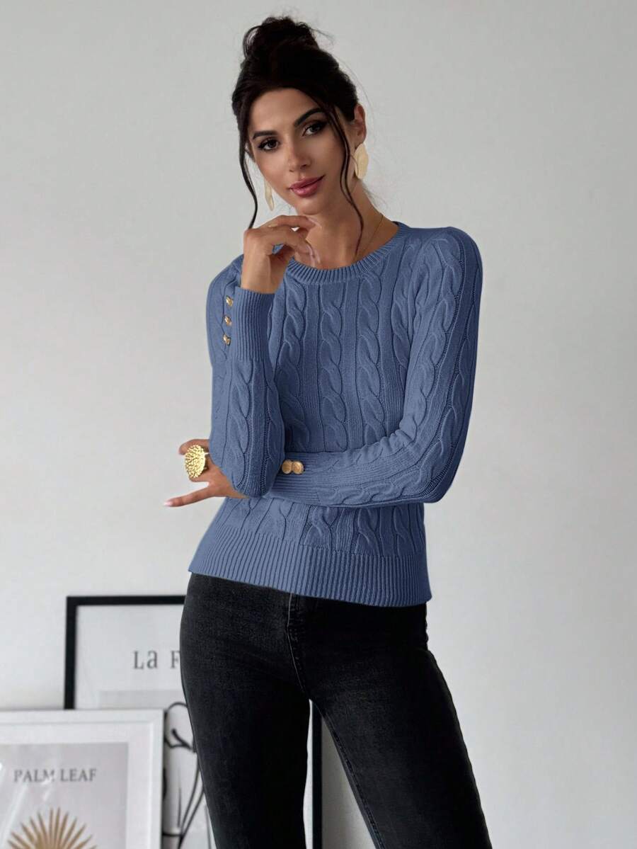 Firerie Women's Elegant Casual College Style Versatile White Crew Neck Cable Knit Button Decor Fitted Sweater