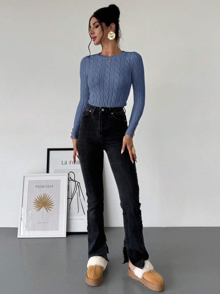 Firerie Women's Elegant Casual College Style Versatile White Crew Neck Cable Knit Button Decor Fitted Sweater