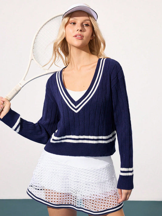 Court Class Regular Fit Long Sleeve Contrast Color Dropped Shoulder Casual Ribbed V-Neck Sweater