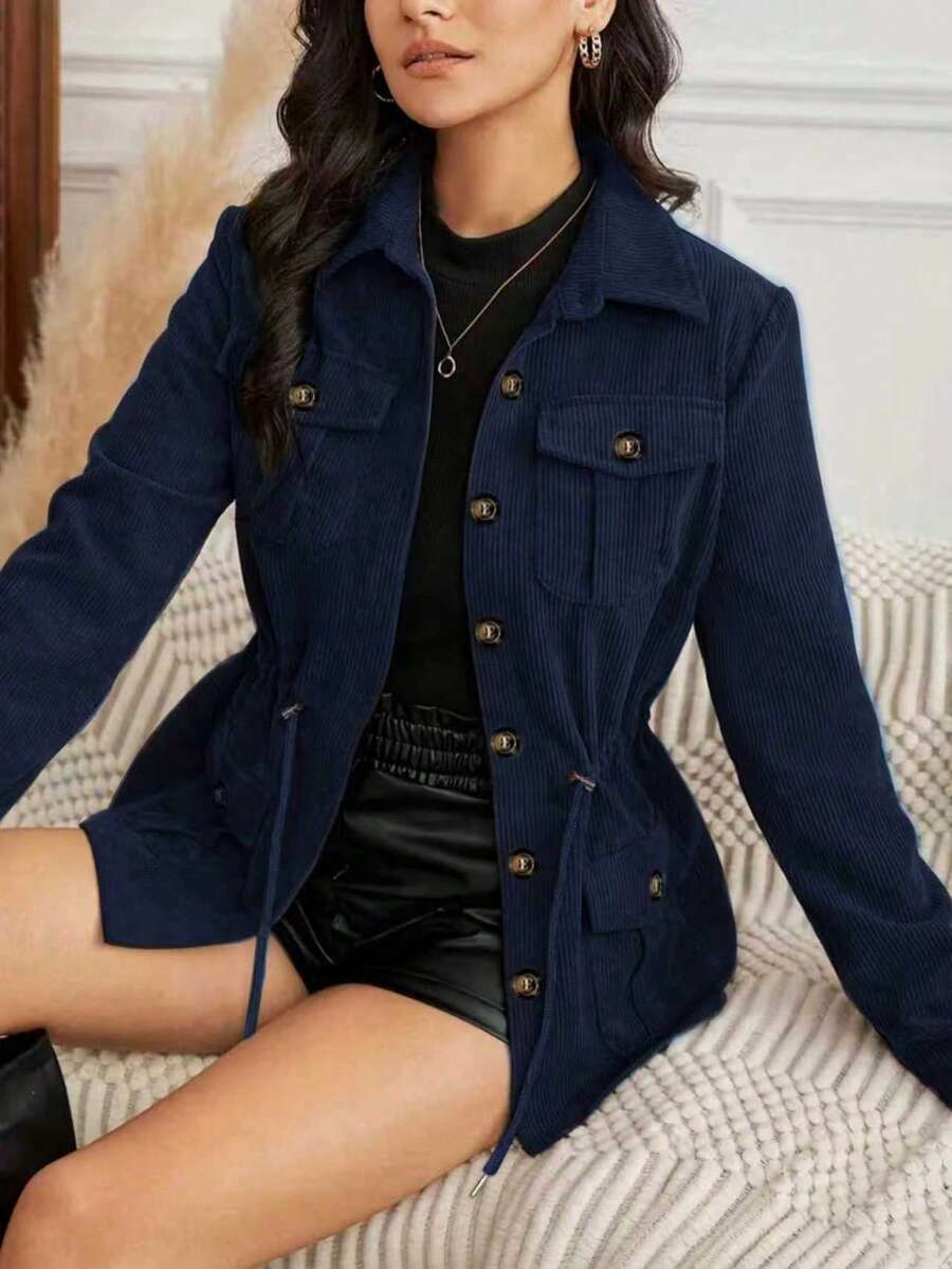 Women's Solid Color Long Sleeve Drawstring Waist Cargo Pocket Casual Jacket