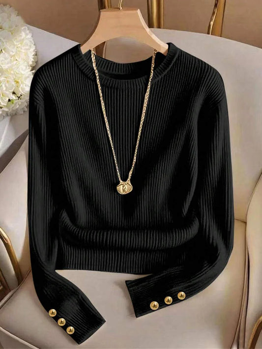 Airaco Elegant Round Neck Knit T-Shirt, Minimalist Fashion Knit Top, Autumn/Winter
