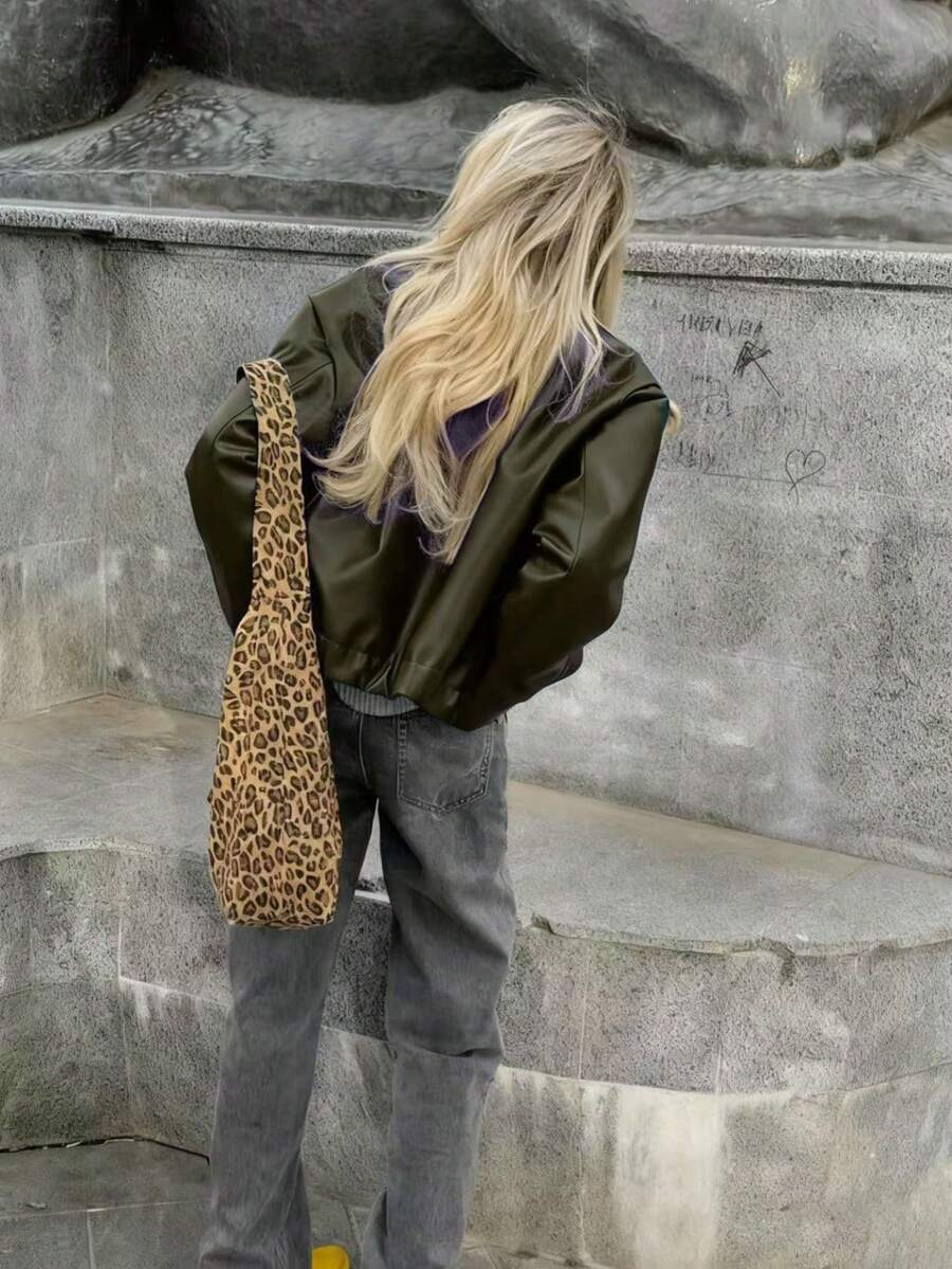 1pc Women's Solid Color Fashionable Loose Matte Leather Jacket Coat, Autumn/Winter